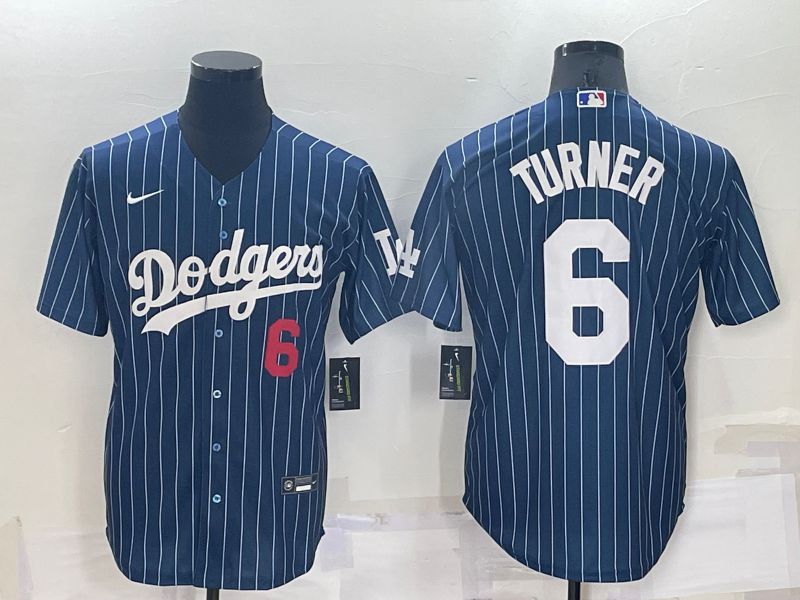 Men Los Angeles Dodgers #6 Turner Blue Stripe Throwback Nike 2022 MLB Jersey1